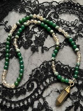 Leprechaun’s Gold Necklace (Tree Agate, Emerald Jade, Cream Crystals & Pyrite)